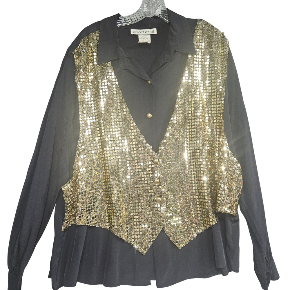 Richard Kristall Vintage Black Gold Sequin Vest Layered Blouse Plus Size 24W USA